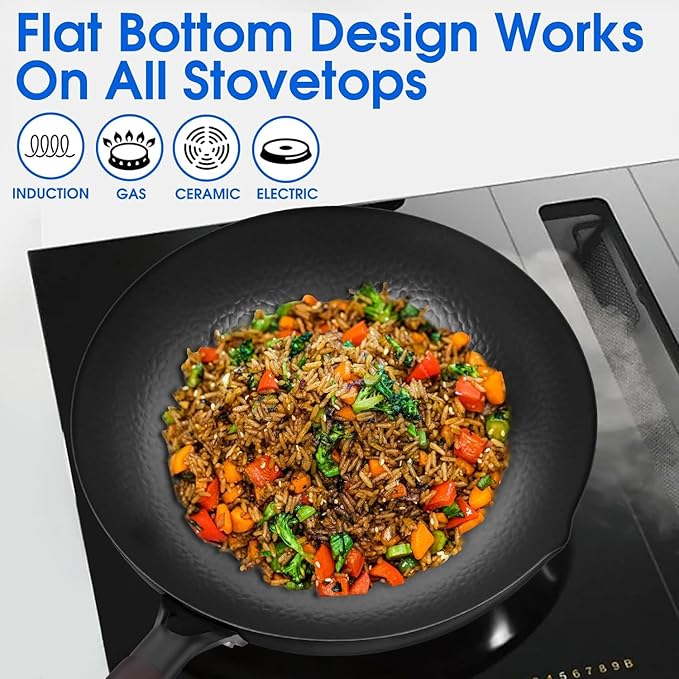 Souped Up Recipes 12.5 Inch Carbon Steel Wok For Electric, Induction and Gas Stoves (Lid, Spatula and User Guide Video Included)