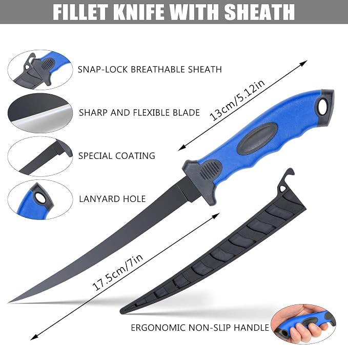 10 Pieces Fillet Knife Set, Stainless Bait Knife with Sharpening Rod and Sheath, Professional Filleting Boning Knife for Meat