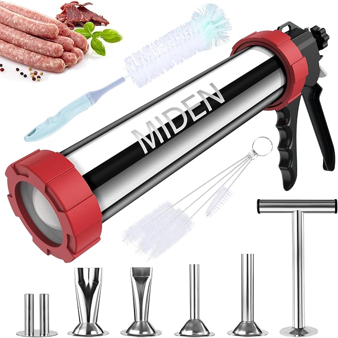 Miden 3rd Gen 2.7LB Premium Beef Jerky Gun Kits, Upgraded 316 Stainless Steel Jerky Maker,Jerky Shooter,Meat Gun,Sausage Stuffer, Beef Jerky Making Gun with 1 Meat Pusher, 5 Nozzles&5 Cleaning Brushes