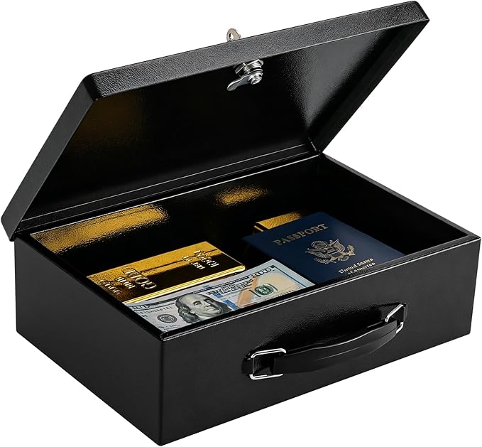 KYODOLED Fireproof Document Box with Key Lock, Small Lock Boxes for Personal Items, Fire and Water Resistance, Fireproof Safe Box for Documents, Jewelry, Passport, Cash, 12.6'' x 8.3'' x 3.58'' Black