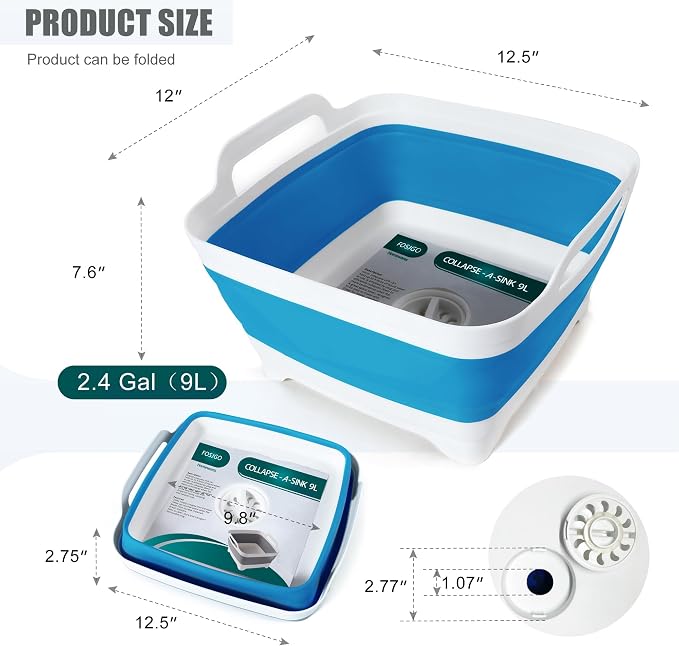 FOSJGO Collapsible Dish Basin with Drain Plug, Foldable Sink, 2.4 Gal (9L) | Space-Saving Wash Basin for Kitchen, Baby Bottles, Vegetable Washing, Camping, RV and Party Beverage Tubs