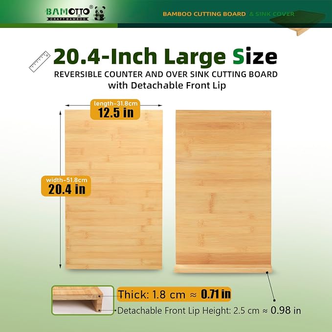 BAMOTTO CRAFTBAMBOO 12.5x20.4 Inch Bamboo Cutting Board Over Sink | Built-in Front Lip | Flat Both Sides | Non-Slip RV Camper Stove Cover | Chopping Board for Small Kitchen | 4.76 lbs