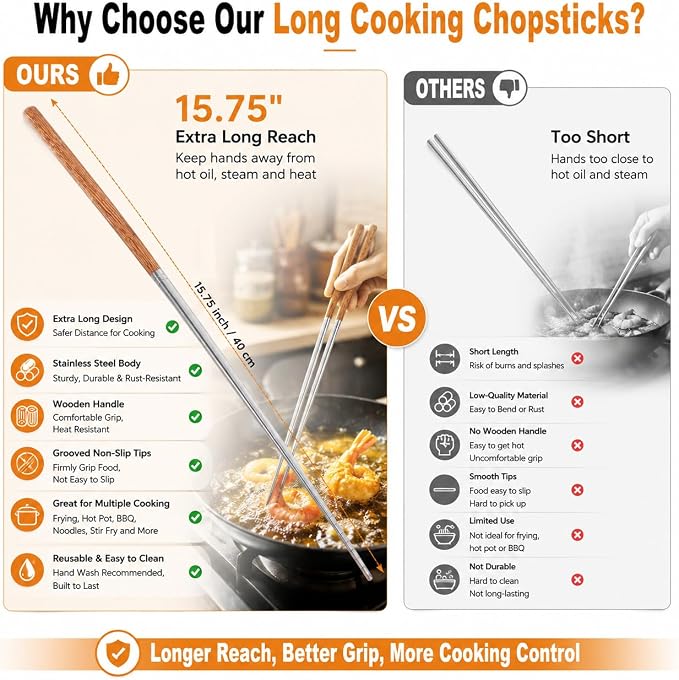 Kichvoe 15.75 Inch Long Cooking Chopsticks, Stainless Steel with Wooden Handle, Non-Slip Utensil for Chinese Cooking, Hot Pot, BBQ, Noodles and Deep Frying, 1 Pair