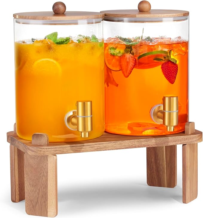 FavorFlavor Glass Drink Dispenser for Party: 2p 1 Gallon Dispenser w/Stand | 4L large capacity-Stainless Steel Spigot-Beverage Container for Lemonade/Juice/Sun Tea-Ideal for Home Gatherings&Party Drink