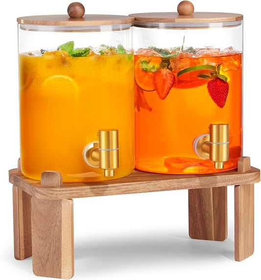 FavorFlavor Glass Drink Dispenser for Party: 2p 1 Gallon Dispenser w/Stand | 4L large capacity-Stainless Steel Spigot-Beverage Container for Lemonade/Juice/Sun Tea-Ideal for Home Gatherings&Party Drink