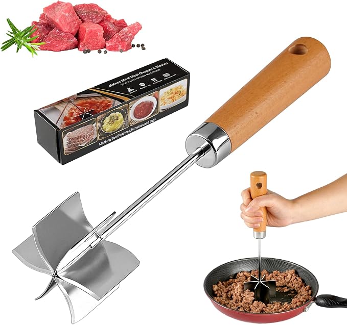 Stainless steel Meat Chopper, 6 Curve Blades Ground Beef Smasher,Potato Masher Utensil,Heat-Resistant Hamburger Meat Smasher,Heavy Duty Wooden Handle