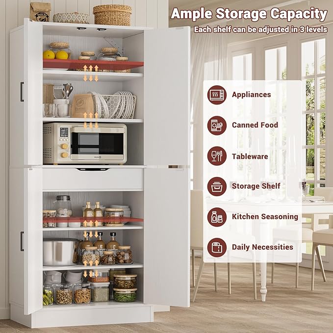 Unikito Kitchen Pantry Storage Cabinet with Farmhouse Barn Doors and Storage Drawer, 4 Adjustable Shelves, Freestanding Tall 71‘’ H Cupboard for Dining Room, Living Room, Utility Room, White