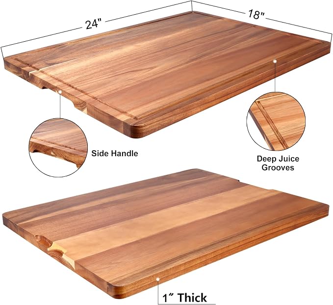 24"x18" XXL Extra Large Acacia Wood Cutting Boards for Kitchen Non Toxic | Big Wooden Cheese Charcuterie Boards Hardwood Solid Chopping Board Bread Butcher Block Giant Turkey Serving Meat Bread Board