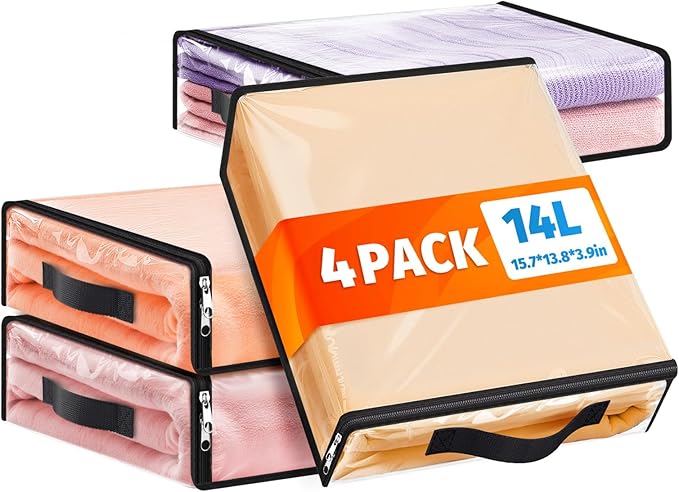 SpaceWhisper 4 Pack Clear Storage Bags, Plastic Blanket Storage Bags with Zipper and Handle, Moving Bags for Comforter, Bedding & Clothes, Closet Organizer and Under Bed Storage (15.7x13.8x3.9 Inch)