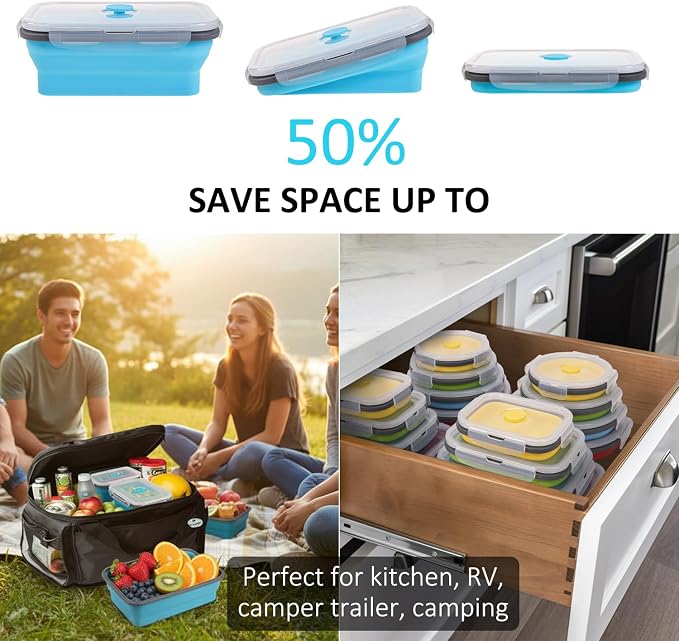 Collapsible Food Storage Containers with Lid & Air Vent, 16 Pack, 8 Rectangular + 8 Round, Annaklin Foldable Silicone Lunch Containers Collapsible Bowls Set, Microwave Freezer Dishwasher Safe, 4-Color