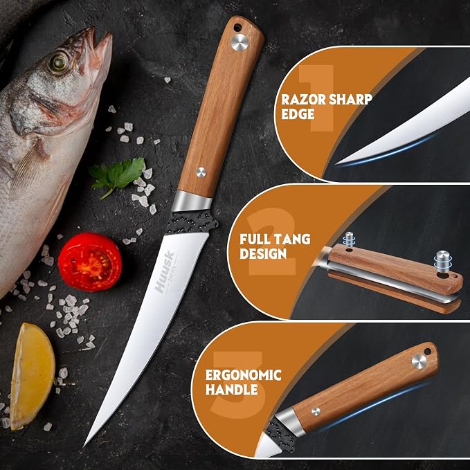 Huusk 6 inch Fillet Knife - Sharp Japanese Fillet Knife for Fish | Wooden Handle, Professional Flexible Boning Knives, Gift Box, for Meat Cutting and Trimming