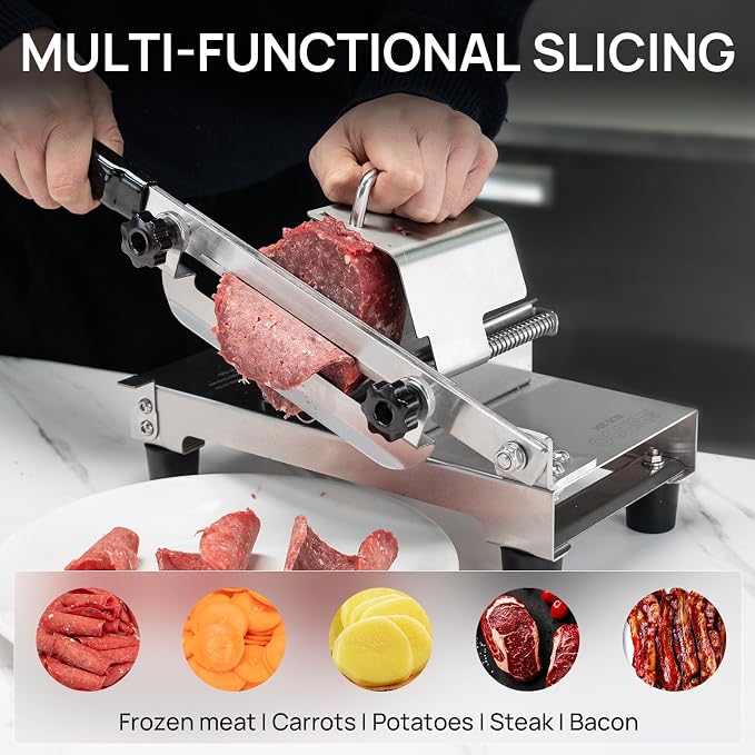 Manual Frozen Meat Slicer, Stainless Steel Meat Cutter for Home Use | Manual Slicing Machine with Adjustable Thickness for Beef, Pork, Lamb, Bacon BBQ,Salad,and Sandwich Slicing Easy to Use