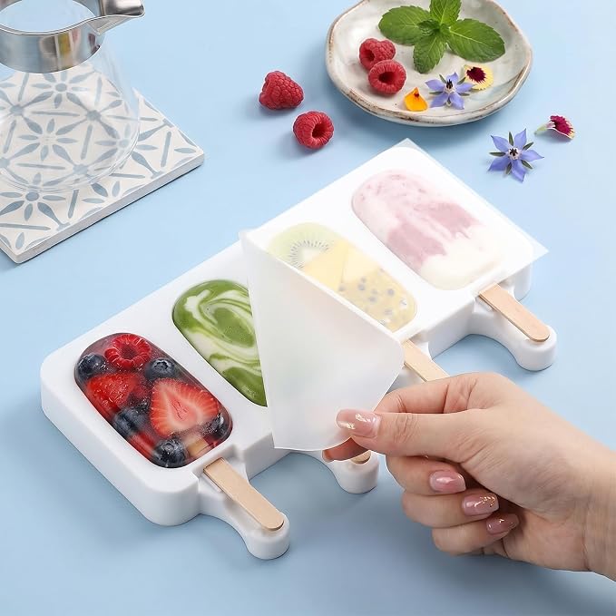 8 Set Small Silicone Popsicle Molds Ice Cream Mould, 4 Cavity Oval Cake Pop Mold with 400 Wooden Sticks for DIY Frozen Treats, White