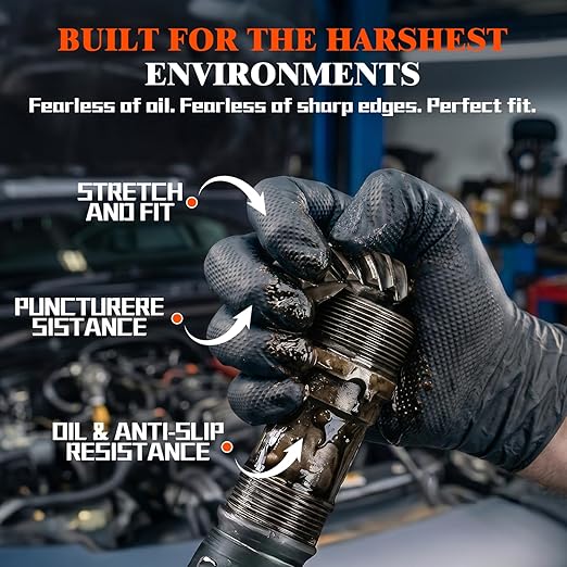 ANBOSON 10 Mil Heavy Duty Mechanic Nitrile Gloves, XLarge Black 200 Count | Diamond Grip,Latex Free,Chemical Resistant Disposable Thick Rubber Gloves for Auto Repair, Industrial, Food, Work ,BBQ,Men