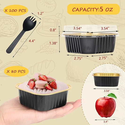 LNYZQUS 5oz/80pack Mini Cake Pans with Lids, Disposable Ramekins Muffin Tins Cupcake Baking Cups,Small Aluminum Foil Brownie Baking Pan Containers Mini Cheesecake Holders-Black