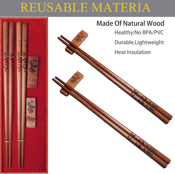 Natural Wooden Chopsticks Gift Set with Panda Holder, 2 Pairs | Reusable, Good Idea for Wedding, Gift Set for Anniversary, Gift Set for Birthday