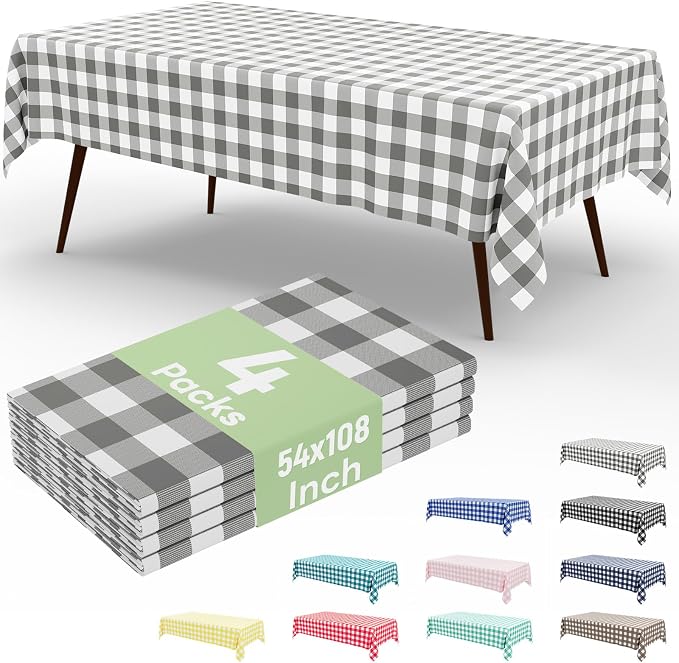 4 Packs Buffalo Disposable Table Cloth, 54 x 108 Inch Waterproof Plastic Tablecloth, Rectangle Grey and White Checkered Table Covers for Picnic, Birthday, Party, Back to School