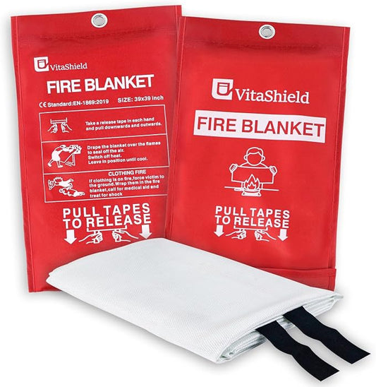 Emergency Fire Blanket for Kitchen Grease Fire, 39x39in, Easy Pull Tabs for Quick Use, 1076°F Heat Resistant Fiberglass, No Mess Extinguisher Alternative for Home Car RV BBQ (2 Pack)