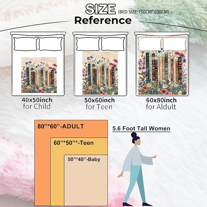 Vintage Book Blanket Gifts for Kids Girls Women,Retro Readers and Floral Throw Blankets,Soft Comfy Lightweight for Room Couch Bed Modern Reading Decor,Literary Lover 50x40in