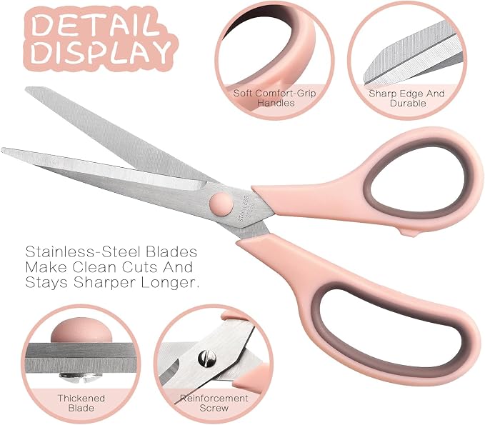 LONGKEY 8.5" Pastel Scissors 3-Pack, Ultra Sharp Stainless Steel | Scissors for Office Home School, Soft Comfort-Grip Right/Left Hand