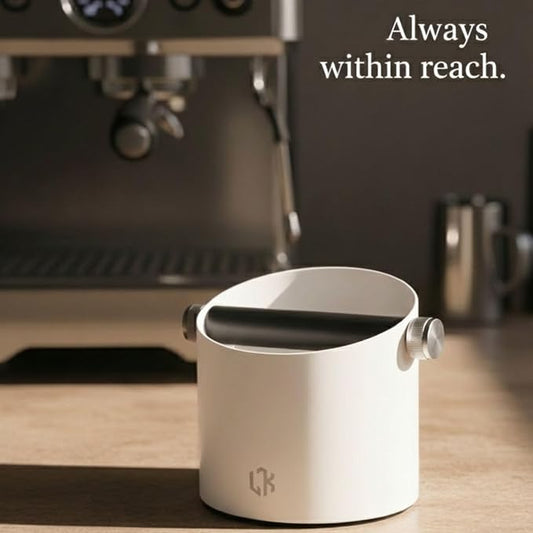 Espresso Knock Box White – Coffee Knock Box Stainless Steel, 23-Puck Large Capacity Coffee Puck Knock Box with Non-Slip Base & Quiet Bar for Espresso Machine