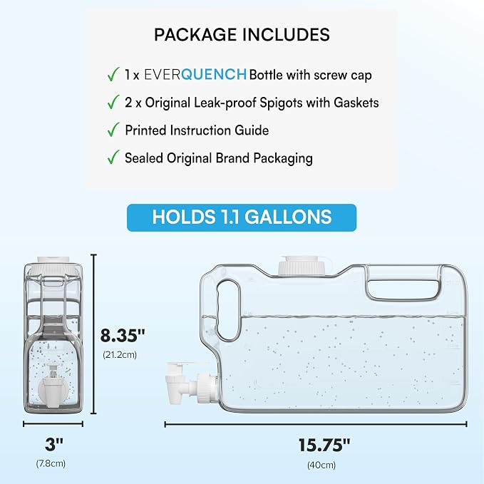 Refrigerator Water Dispenser 1.1 Gallon Bottle with Spigot - BPA Free Plastic Slim Water Jug with Spout Leak Proof | Refillable Fridge Water Container, Convenient Handles (Clear)