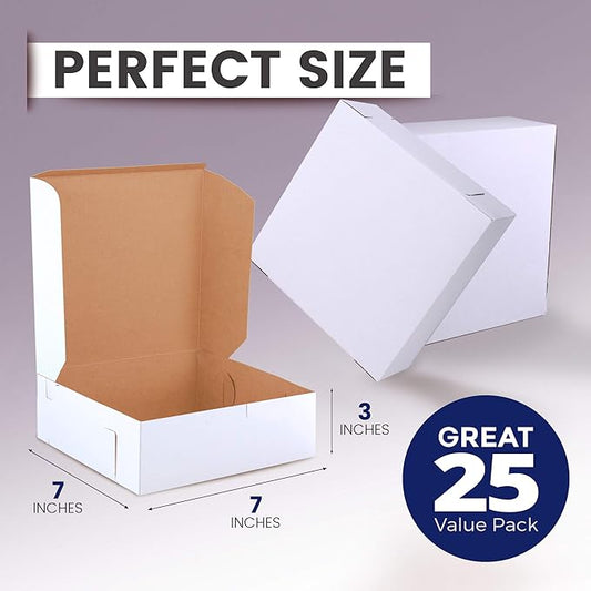 [25 Pack] Pastry Boxes - 7 x 7 x 3 Inches White Bakery Box for Cookies, Compostable Kraft Paper Cardboard for Baked Goods Packaging, Cake, Food, Donut, Cupcake, Candy, Bread, Bridesmaid Gift Box
