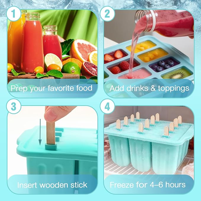 12 Pieces Silicone Popsicles Molds, Reusable Popsicle Maker Holder with 50 Sticks, DIY Ice Cream Cake Pop Mold for Homemade Frozen Dessert Juice Fruit Easy Release Mint Green
