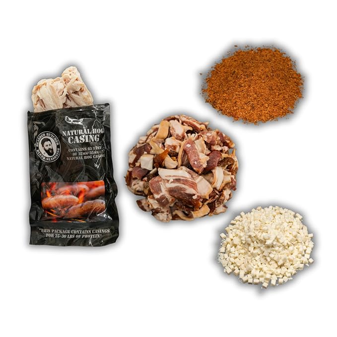 Bearded Butchers Bold Bacon Blue Cheese Bratwurst DIY Kit – Savory Brats with Bold Seasoning, Bacon Pieces, Blue Cheese & 32mm-35mm Natural Hog Casings – Makes Up to 25 lbs Meat