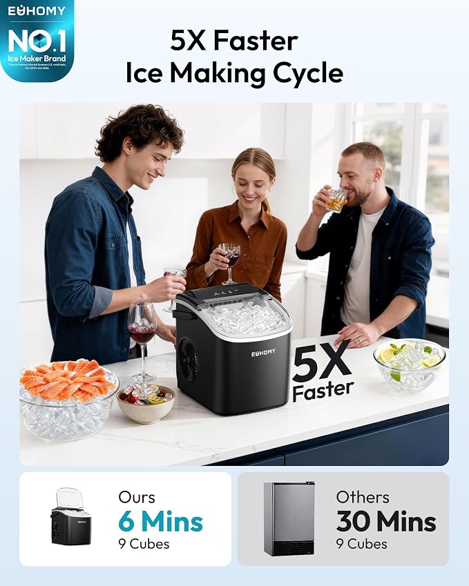 EUHOMY Countertop Ice Maker Machine with Handle, 26.4lbs in 24Hrs, 9 Ice Cubes Ready in 6 Mins, Self-Cleaning Portable Ice Maker with Basket and Scoop, for Home/Kitchen/Camping/RV. (Black)