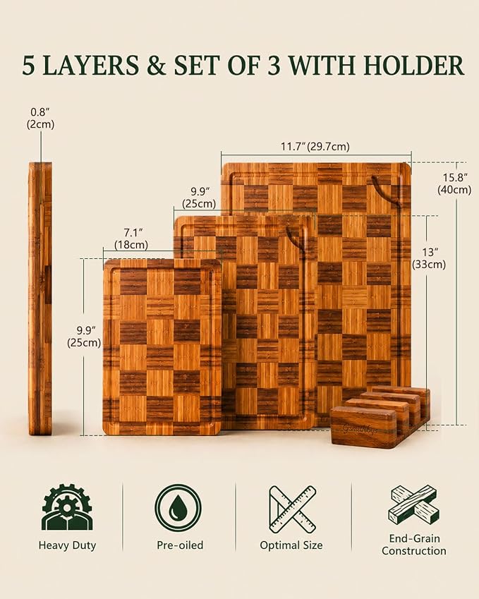 Checkered Cutting Board Set with Holder, Set of 3 Heavy Duty End Grain Butcher Block Boards for Kitchen, Bamboo Chopping Boards with Juice Grooves and Handles for Meat, Vegetables and Meal Prep