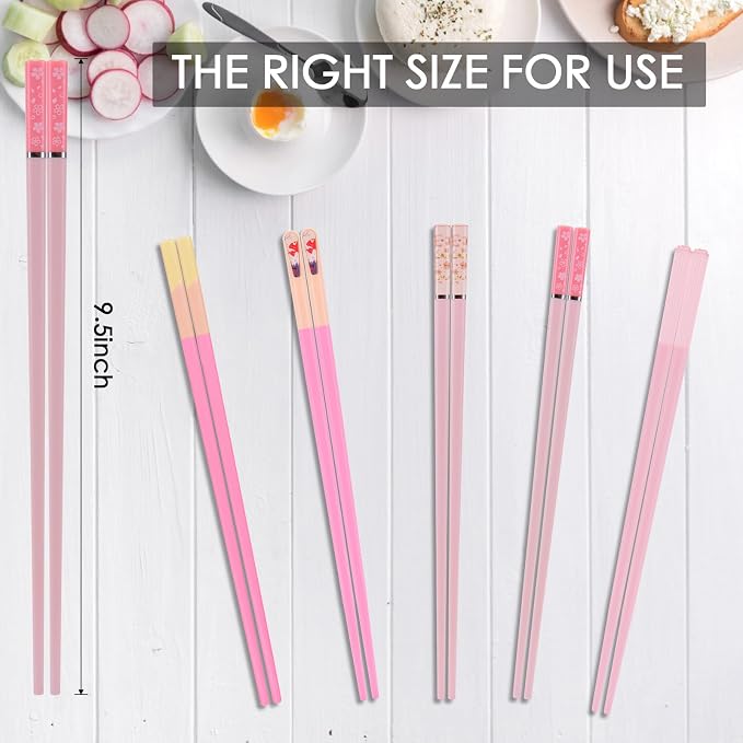 Chopsticks Reusable Dishwasher Safe, GLAMFIELDS 5 Pairs 9.5 Inches Premium Chop Sticks Set for Sushi, Ramen, Asian Cuisine, Matte Non-slip with Gift Case, Pink