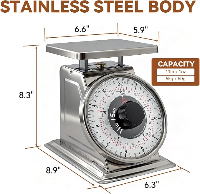 Tada 11lb Stainless Steel Analog Kitchen Mechanical Dial Scale | Manual Food Scale with Platform for Restaurants and Cooking