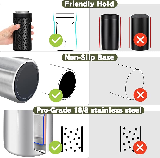 Universal Can Cooler - Signice 3 in 1 Insulated 12 oz Beer Can Insulator Stainless Steel Metal Holder for 12oz Slim Skinny Tall Standard Cans Bottle Hard Seltzer Soda Energy Drinks (Black Leopard)