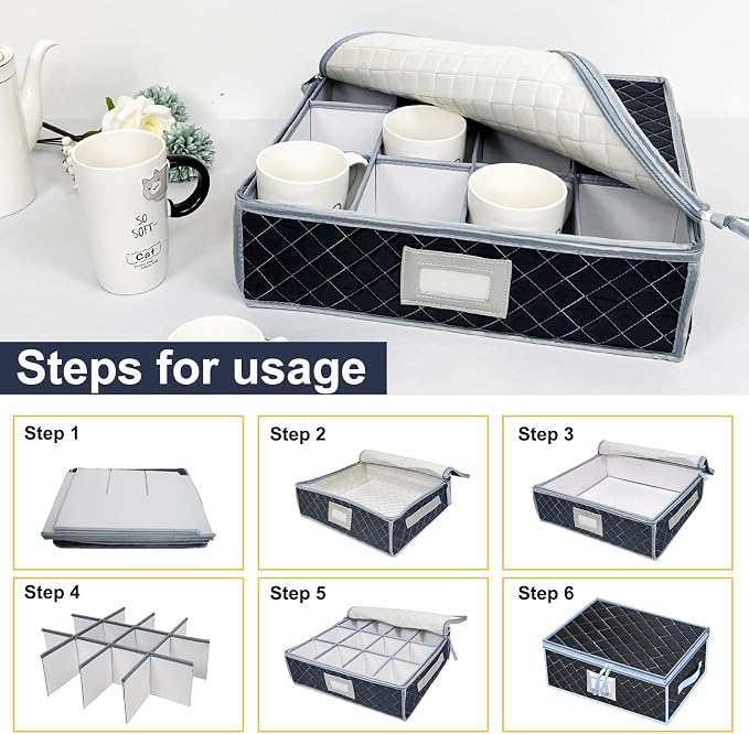 Wine Glass and Mug Storage Box with Dividers - 2 Pack China Storage Containers Set Holds 24 Glassware , Stemware，Coffee Mug and Tea Cup, Organizer Bin with Sturdy Metal Zipper,Label and Handles (Grey)