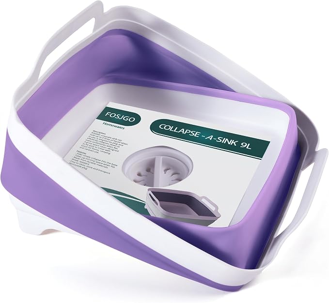 FOSJGO Collapsible Dish Basin with Drain Plug, Foldable Sink, 2.4 Gal (9L) | Space-Saving Wash Basin for Kitchen, Baby Bottles, Vegetable Washing, Camping, RV and Party Beverage Tubs