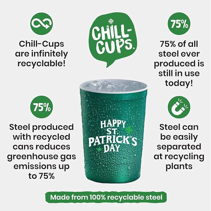 Steel Chill Cups 16 oz. Party Cups, St. Patrick's Day, Green, 12 Count | Made in USA from Steel these durable cups chill fast & keep your drink cold for longer, 100% recyclable for sustainablity