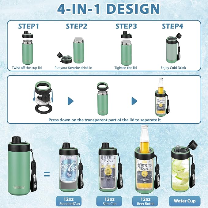 4 In 1 Beer Can Cooler Bottle Holder with Drinking Spout Lid for 12oz Regular, Slim Skinny Cans and Thermal Bottles,Sealed Insulated Double Wall Vacuum Stainless Steel Can Keeps Your Drinks Cold