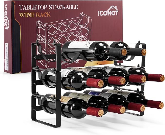 3 Tier Stackable Wine Rack Countertop, 12 Wine Bottle Holder for Cabinet | Small Tabletop Wine Holder Stand for Pantry Bar, Sturdy Wire Wine Bottle Rack Metal Wine Freestanding Storage Organizers