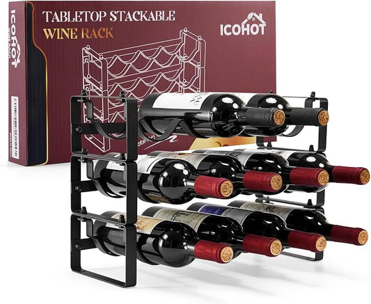 3 Tier Stackable Wine Rack Countertop, 12 Wine Bottle Holder for Cabinet | Small Tabletop Wine Holder Stand for Pantry Bar, Sturdy Wire Wine Bottle Rack Metal Wine Freestanding Storage Organizers