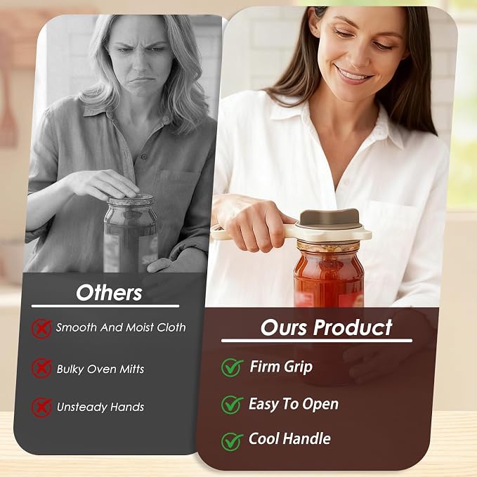 4 in 1 Multi-Purpose Jar Opener, with 3pcs Rubber Jar Openers, Adjustable Stainless Steel Lid Remover for Seniors & Arthritis Sufferers, for Weak Hands, Fits Kitchen Jars, Bottles & Cans (Beige)