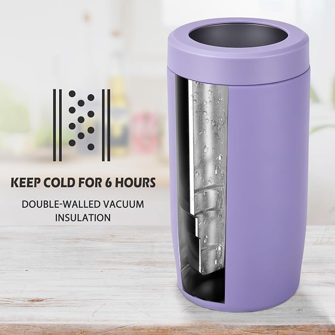 4-in-1 Slim Can Cooler Easy to Hold Insulated Beer Can Holder Double-Walled Stainless Steel for All 12 Oz Cans (lilac purple)