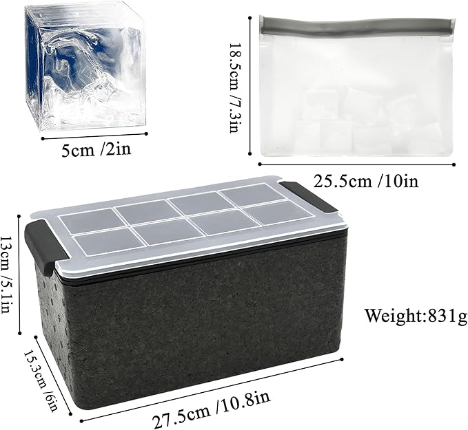 Bangp Crystal Clear Ice Cube Maker with Reusable Ice Storage Bag | Clear Ice Cube Mold with Lid Makes 8 Large 2" Square Pure Ice Cubes for Whiskey,Cocktails & Drinks,Whiskey Gifts for Men
