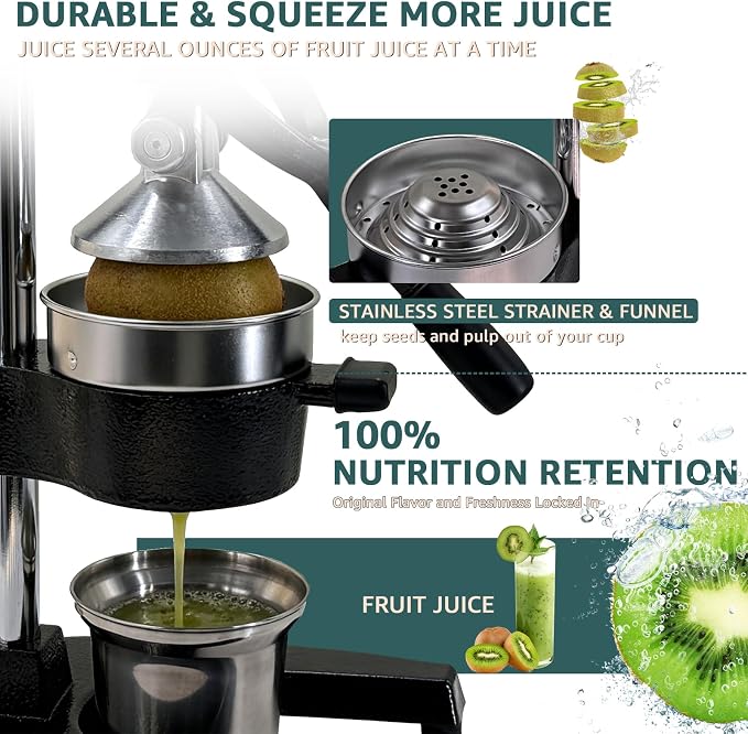 Manual Citrus Juicer, Cast Iron Lemon Squeezer for Orange Lime | Heavy Duty Commercial Grade Fruit Press, Rustic Hand Juicer Large Capacity Easy Clean, Black