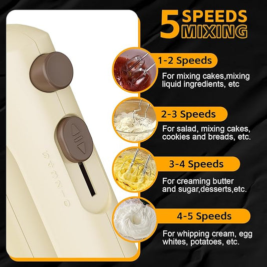Lord Eagle 5-Speed Hand Mixer Electric Heldhand, 300W Compact Mixer for Baking, Egg Beater, Blending or Cooking, Portable & Lightweight, 5 Accessories, Cream