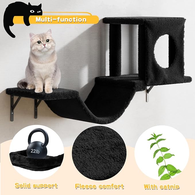 6-in-1 Cat Wall Shelves, Wall Mounted Cat Climber with Condo House, Scratching Post, Bridge Ladder, Space-Saving Indoor Play Furniture for Kittens, Black