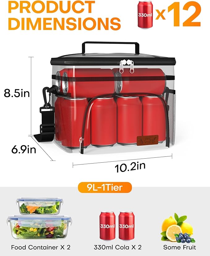 HOTOR Insulated Lunch Box Men Women Leak-Proof Cooler Lunch Bag 9L | 4 Pockets, Adjustable Strap, Ideal for Work, Picnic, Travel, Camping, Gift, Black