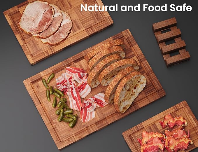 Fibogollo Set of 3 Bamboo Kitchen Cutting Boards with Juice Groove | Chopping Boards Set,End Grain Bamboo Butcher Block with Storage Stand,Serving Board and Charcuterie with Holder