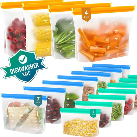 IDEATECH 18Pack Reusable Food Storage Bags, Reusable Freezer Bags Stand Up | Dishwasher Safe, Leakproof, BPA-Free Food Grade, Fridge and Freezer Safe Bags for Lunch Prep, Sandwiches, Snacks & Daily Use