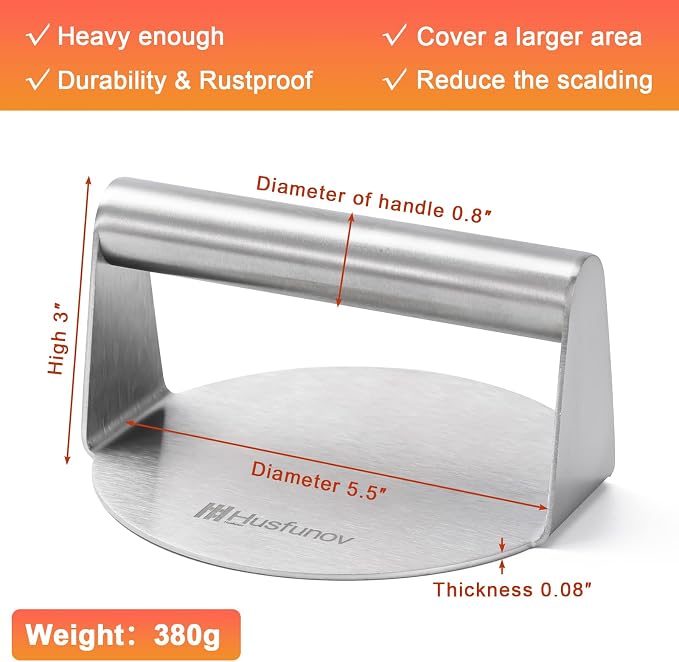Stainless Steel Burger Press，5.5 Inch Round Smasher，Non-Stick Grill Press | Hamburger Smasher Tool for Griddle，Flat Bottom Without Ridges, for Cooking Burgers, Bacon, Ground Beef, Meats, Sausage